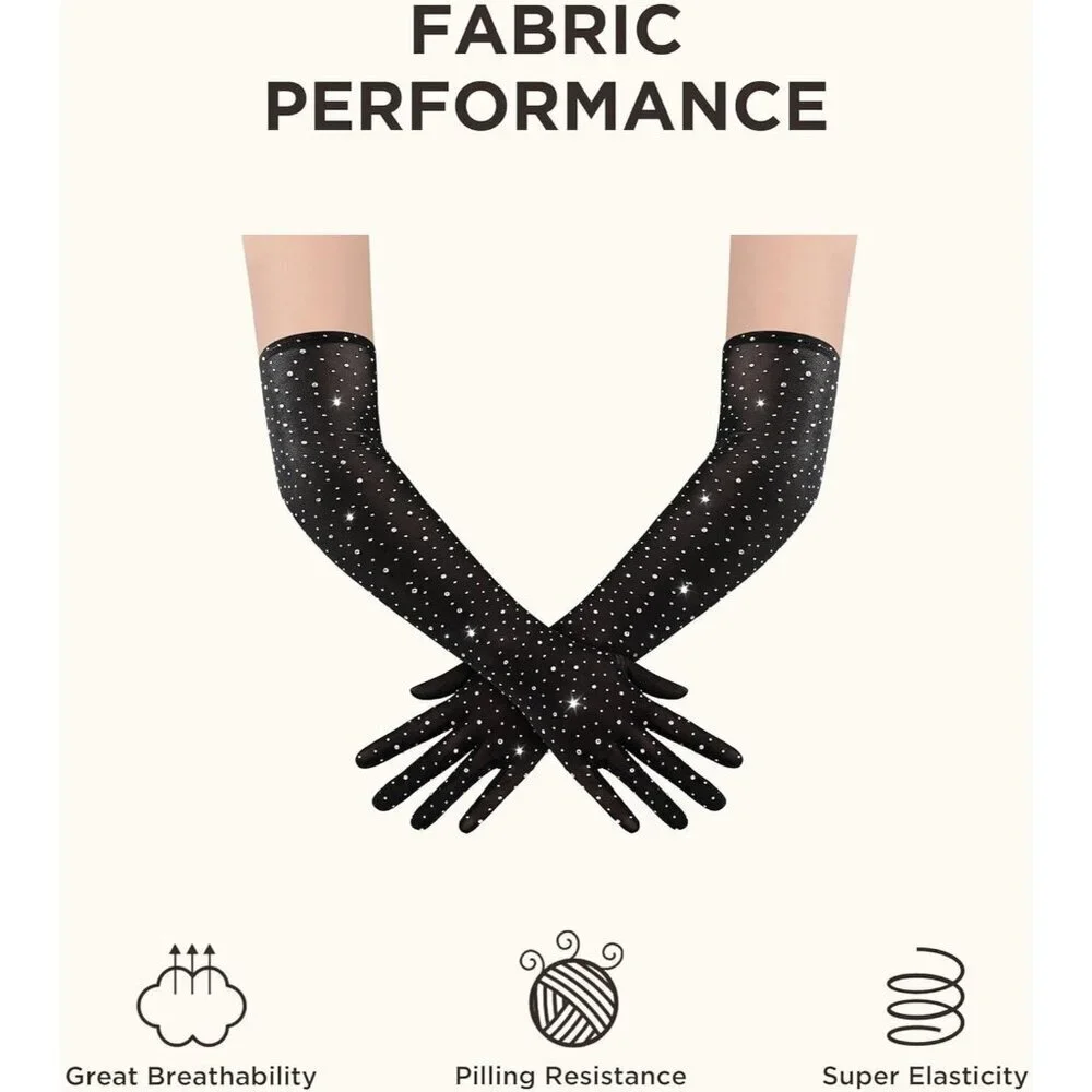 Women's Rhinestone Black Sparkly Elbow Length Mesh Long Gloves Party Accessory